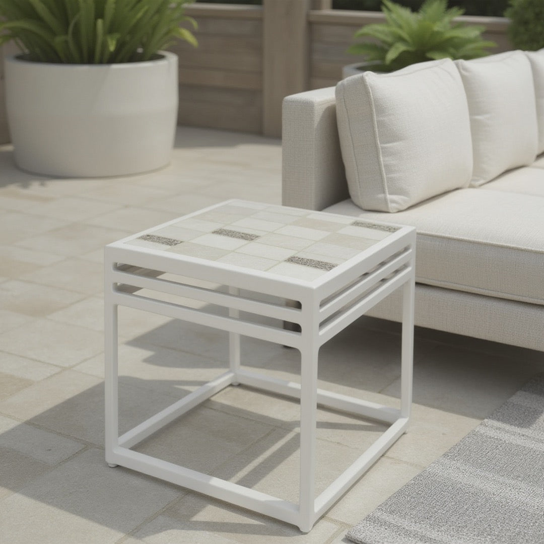 Lang Patio Table - Modern Architectural Tile Top, Steel Frame (16" x 16" x 19" Tall)
