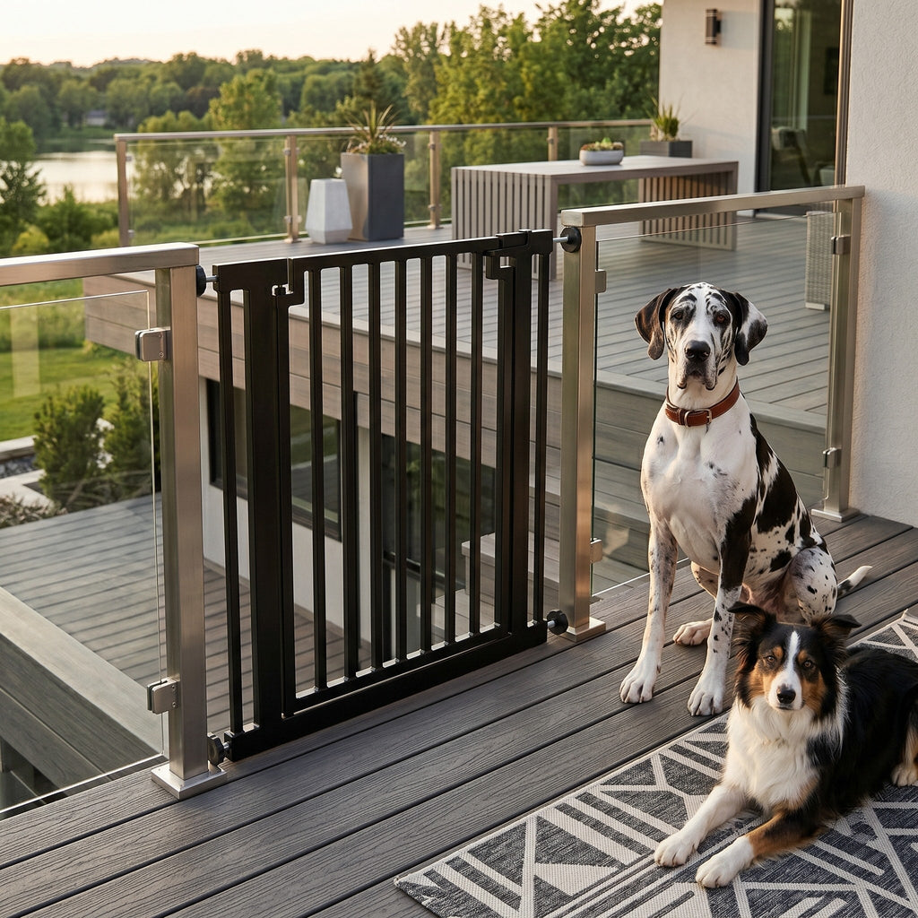 Libro 42" Extra Tall Steel Outdoor Dog Gate w/ Door (34.5" - 61.5" Extra Wide) Modern Deck Gate -Easy Pressure Mounted (No Drill)