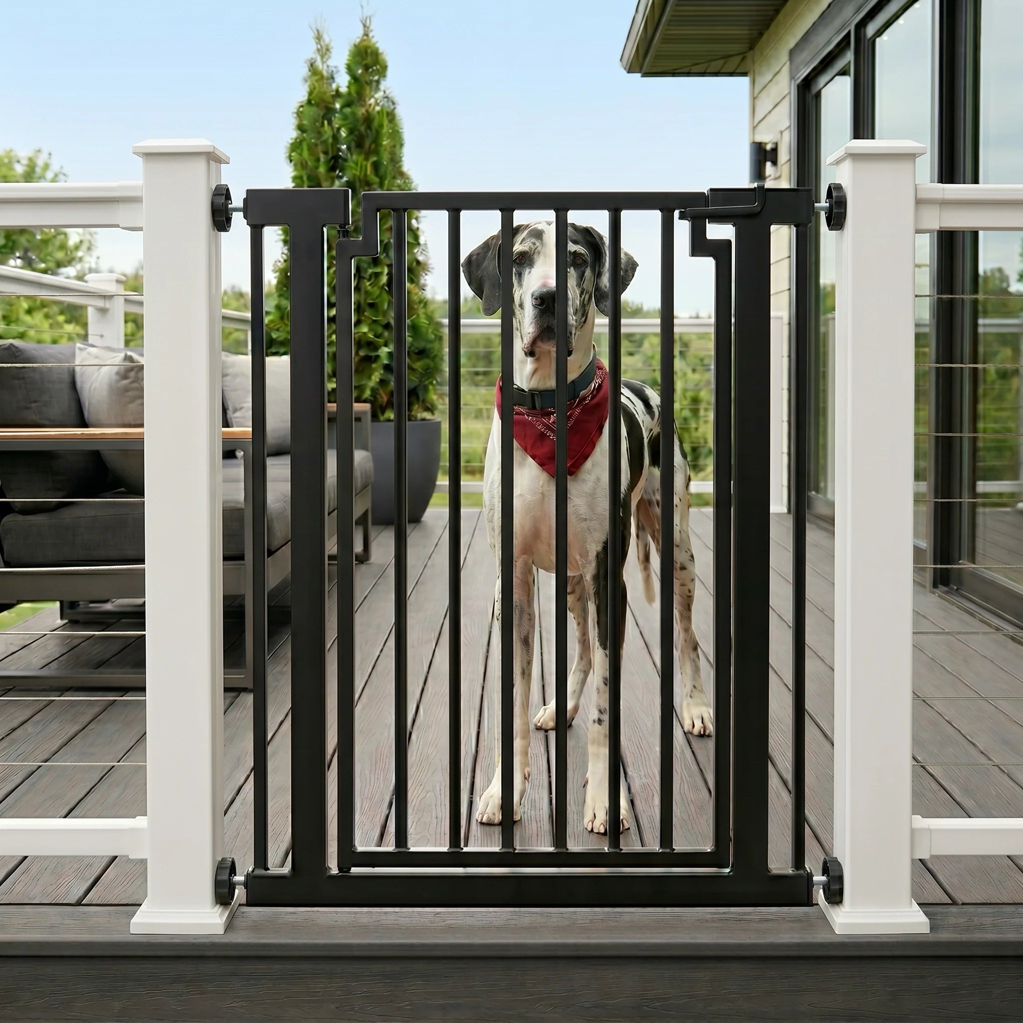 Libro 42" Extra Tall Steel Outdoor Dog Gate w/ Door (34.5" - 61.5" Extra Wide) Modern Deck Gate -Easy Pressure Mounted (No Drill)