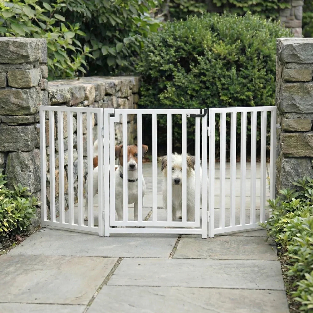 Libro Freestanding All-Weather Steel Dog Gate w/ Door (23" - 70" Extra Wide) Modern Pet Fence, Adjustable Indoor / Outdoor, 24" Tall Small Dog