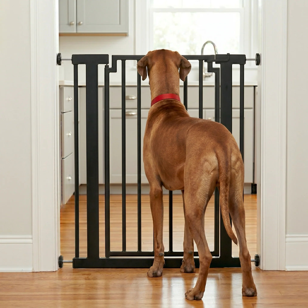Libro 42" Extra Tall Steel Outdoor Dog Gate w/ Door (34.5" - 61.5" Extra Wide) Modern Deck Gate -Easy Pressure Mounted (No Drill)