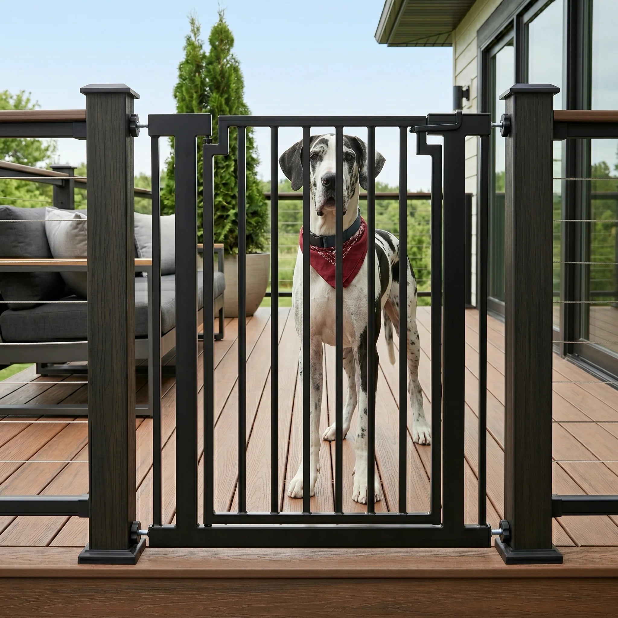 Libro 42" Extra Tall Steel Outdoor Dog Gate w/ Door (34.5" - 61.5" Extra Wide) Modern Deck Gate -Easy Pressure Mounted (No Drill)