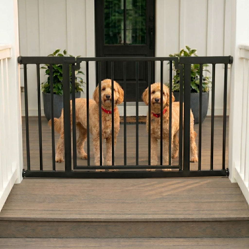 Libro Extra Wide Steel Outdoor Dog Gate w/ Door (59.5" - 100" W) Modern 32" Tall Deck Gate, Easy Pressure Mounted (No Drill)
