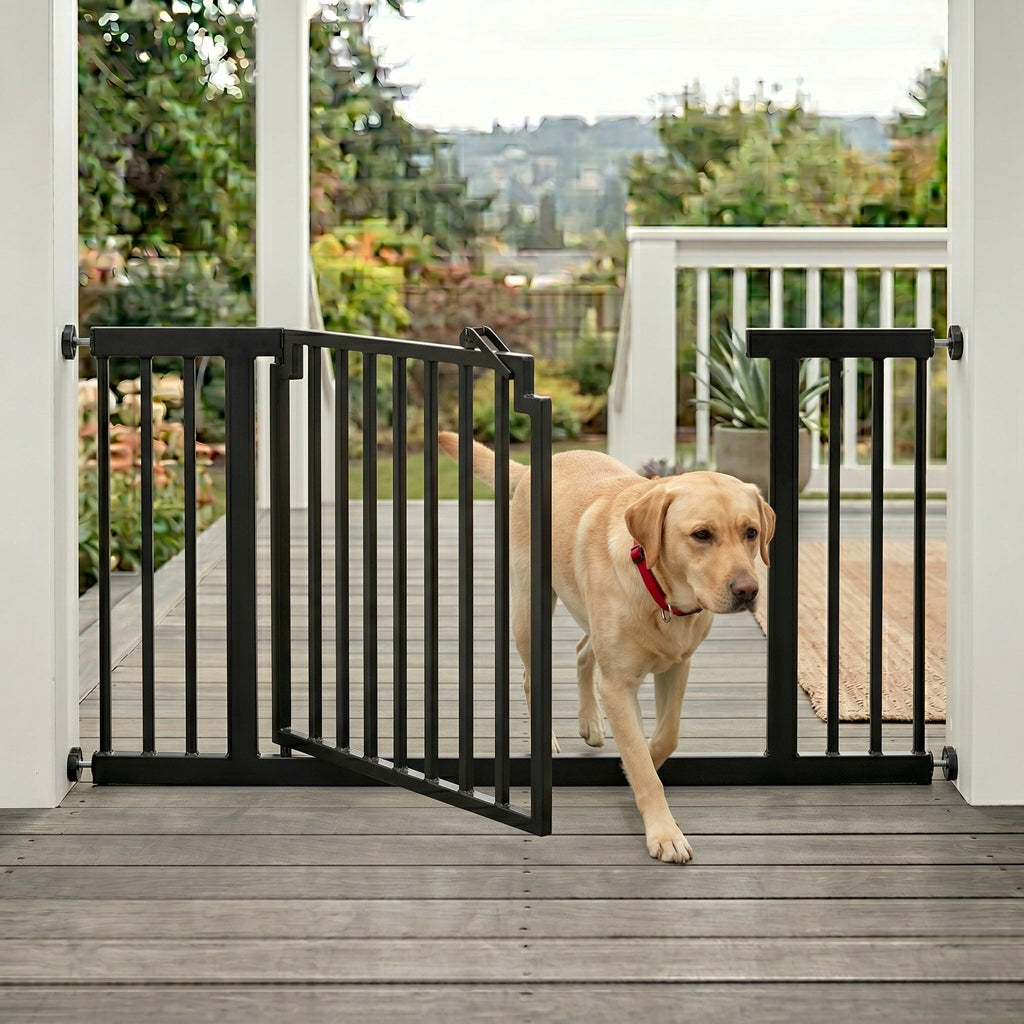 Libro Extra Wide Steel Outdoor Dog Gate w/ Door (59.5" - 100" W) Modern 32" Tall Deck Gate, Easy Pressure Mounted (No Drill)
