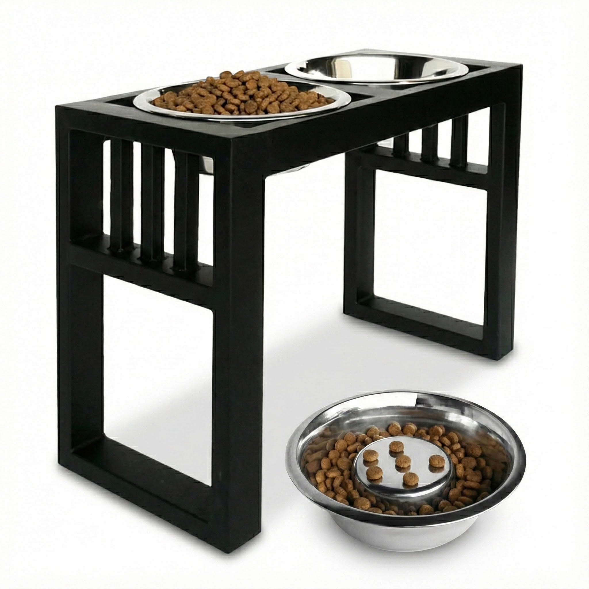 Libro Double Diner - Modern Architectural Large Dog Feeder - Heavy Weight Elevated Black Steel Stand ( 11" / 15" / 18" Tall)