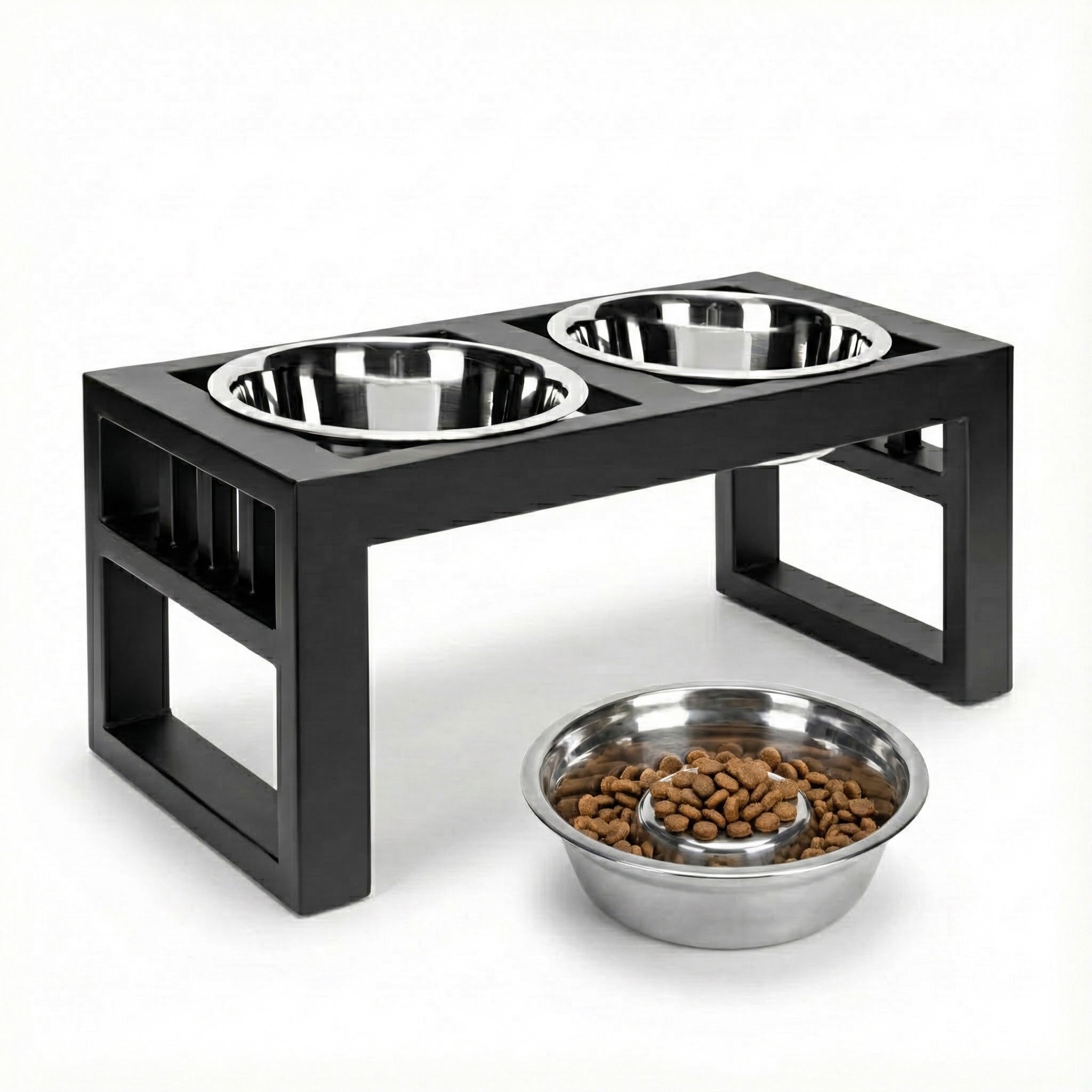 Libro Double Diner - Modern Architectural Large Dog Feeder - Heavy Weight Elevated Black Steel Stand ( 11" / 15" / 18" Tall)