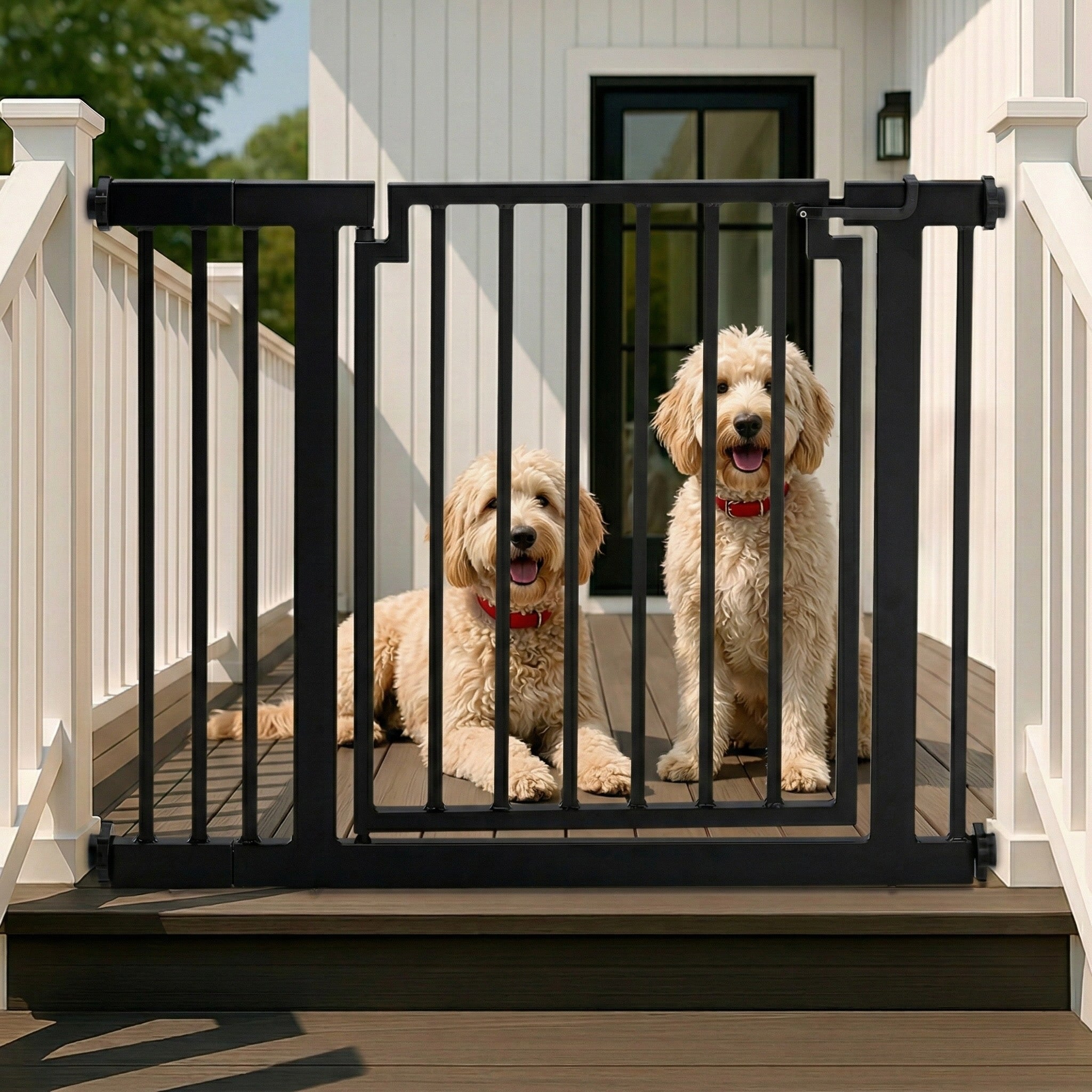 Libro Steel Outdoor Dog Gate w/ Door (28.5" - 61.5" Extra Wide) Modern 32" Tall Deck Gate, Easy Pressure Mounted (No Drill)