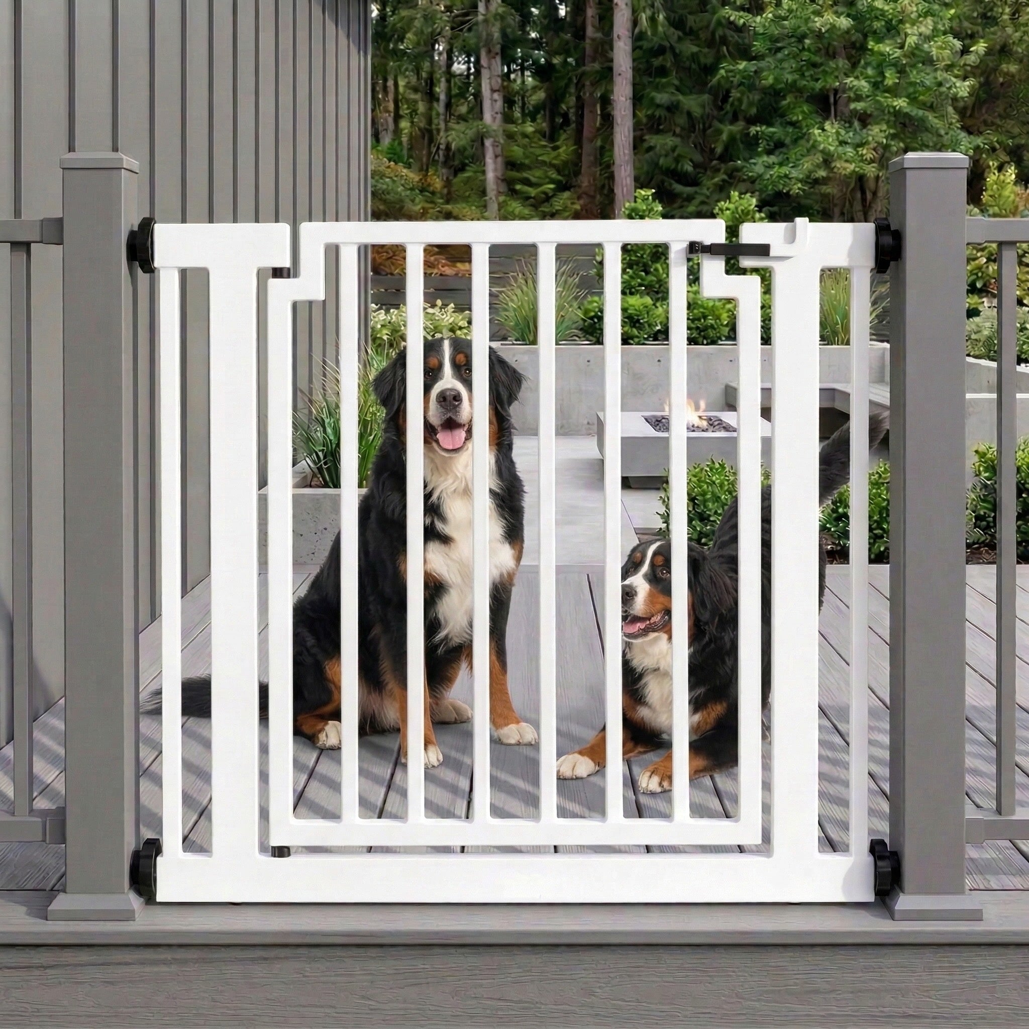 Libro Steel Outdoor Dog Gate w/ Door (28.5" - 61.5" Extra Wide) Modern 32" Tall Deck Gate, Easy Pressure Mounted (No Drill)