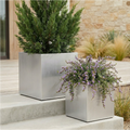 Madeira Cube Planter - Modern Architectural Seamless Aluminum Metal (Silver) Fiberglass Lining, No Drainage - Indoor / Outdoor (16" / 20" Square)