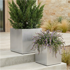 Madeira Cube Planter - Modern Architectural Seamless Aluminum Metal (Silver) Fiberglass Lining, No Drainage - Indoor / Outdoor (16" / 20" Square)