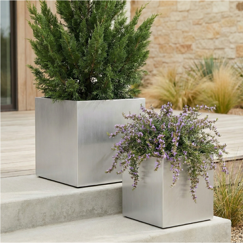 Madeira Cube Planter - Modern Architectural Seamless Aluminum Metal (Silver) Fiberglass Lining, No Drainage - Indoor / Outdoor (16" / 20" Square)