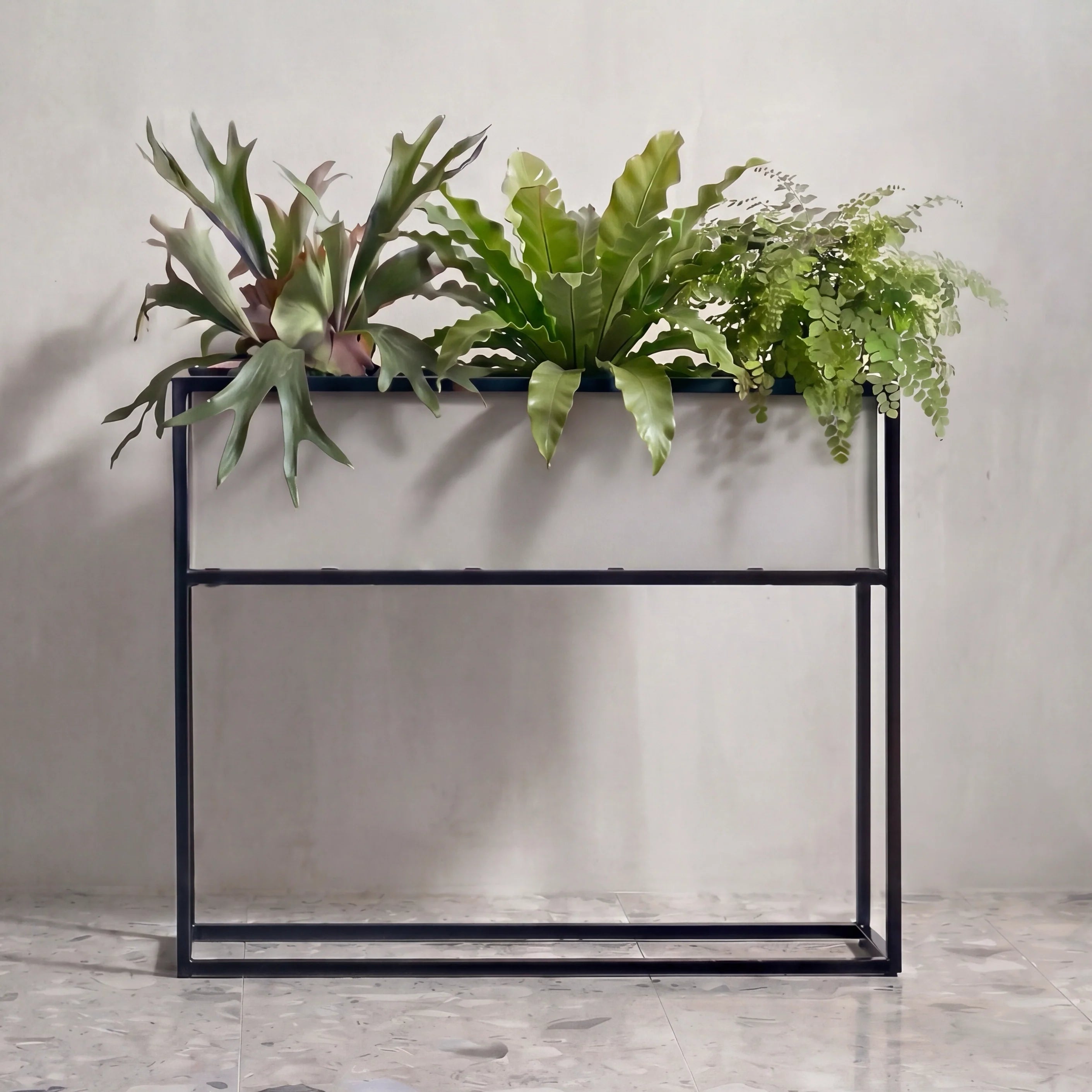 Madeira Barrier Planter, Aluminum (Silver) w/ Iron Stand - Modern Raised Trough, Outdoor / Indoor (37" Long x 10" Wide x 30" Tall)