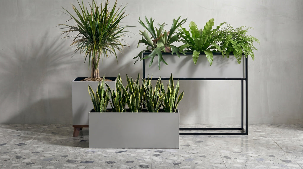 Madeira Barrier Planter, Aluminum (Silver) w/ Iron Stand - Modern Raised Trough, Outdoor / Indoor (37" Long x 10" Wide x 30" Tall)