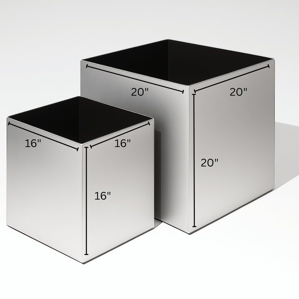 Madeira Cube Indoor Planter w/ Wood Base - Modern Seamless Aluminum Metal (Silver), Surface-Safe w/ Fiberglass Lining (16" Pot, 20" Tall w/ Stand)