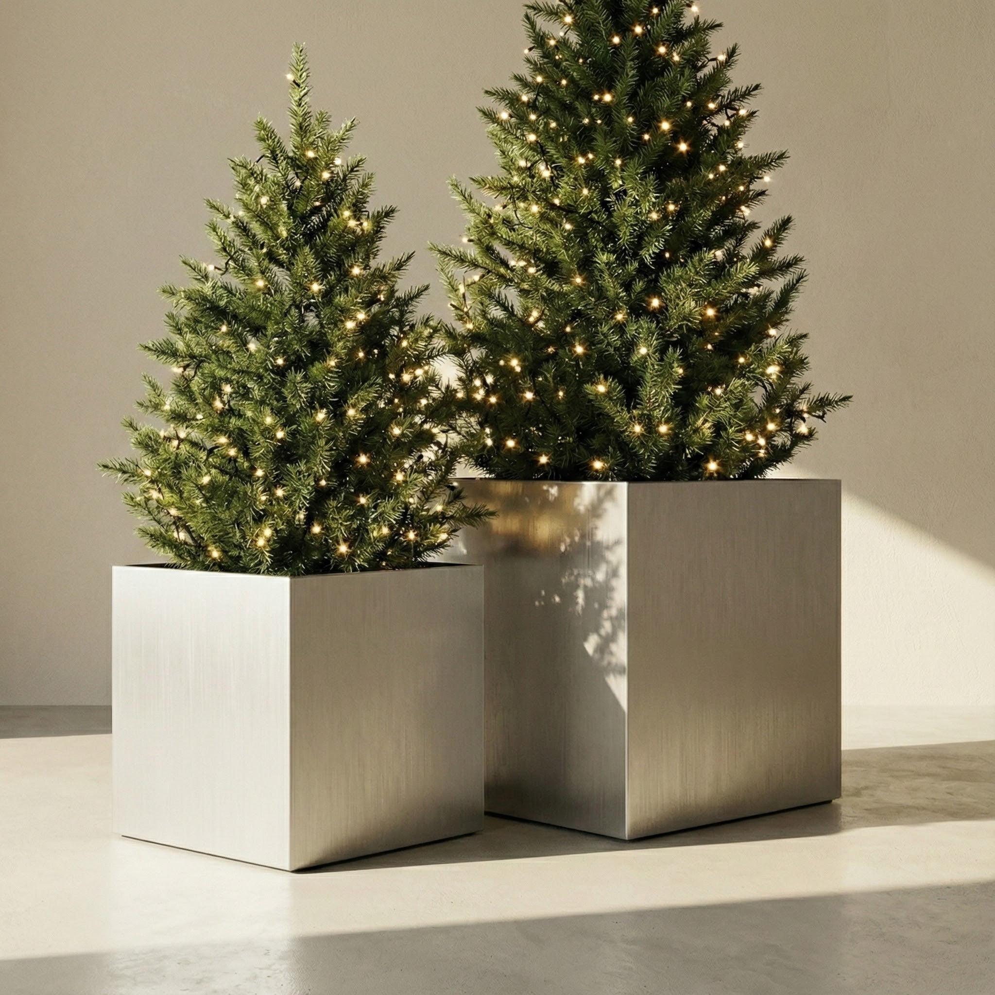 Madeira Cube Planter - Modern Architectural Seamless Aluminum Metal (Silver) Fiberglass Lining, No Drainage - Indoor / Outdoor (16" / 20" Square)