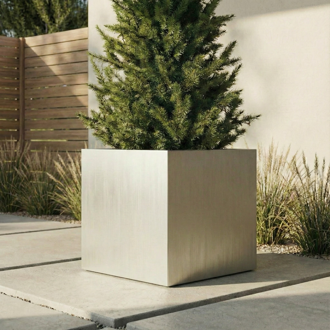 Madeira Cube Planter - Modern Architectural Seamless Aluminum Metal (Silver) Fiberglass Lining, No Drainage - Indoor / Outdoor (16" / 20" Square)