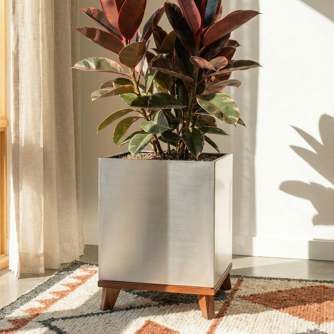 Madeira Cube Indoor Planter w/ Wood Base - Modern Seamless Aluminum Metal (Silver), Surface-Safe w/ Fiberglass Lining (16" Pot, 20" Tall w/ Stand)