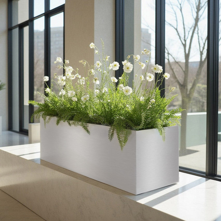 Madeira Aluminum Long Block Planter 30" - Seamless Architectural (Silver) Waterproof Lining - Indoor / Outdoor (30" L x 12" W x 12" Tall)