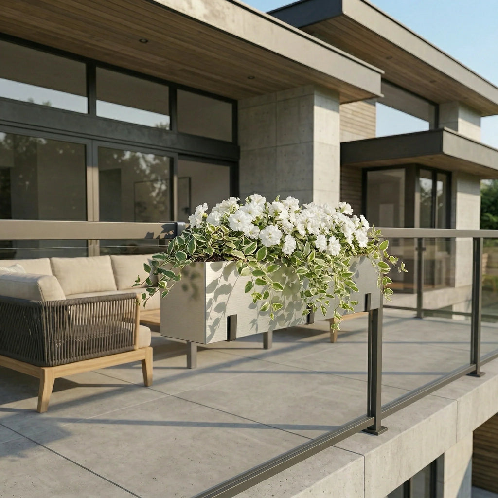Madeira Aluminum 36" Railing Planter - Modern Architectural w/ Hooks (36" L x 9" Tall x 9" Deep)