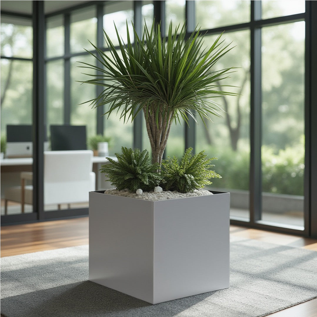 Madeira Cube Planter - Modern Architectural Seamless Aluminum Metal (Silver) Fiberglass Lining, No Drainage - Indoor / Outdoor (16" / 20" Square)