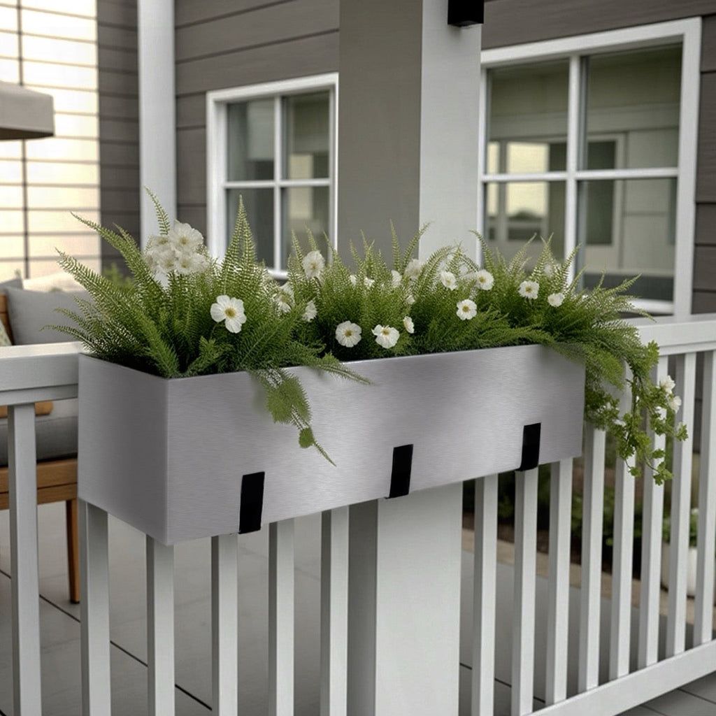 Madeira Aluminum 36" Railing Planter - Modern Architectural w/ Hooks (36" L x 9" Tall x 9" Deep)