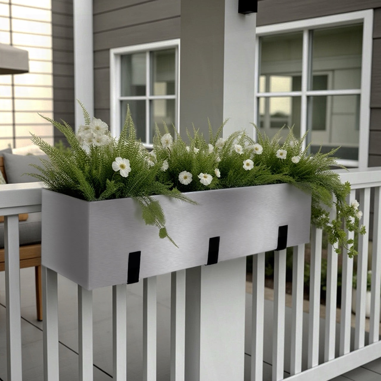 Madeira Aluminum 36" Railing Planter - Modern Architectural w/ Hooks (36" L x 9" Tall x 9" Deep)