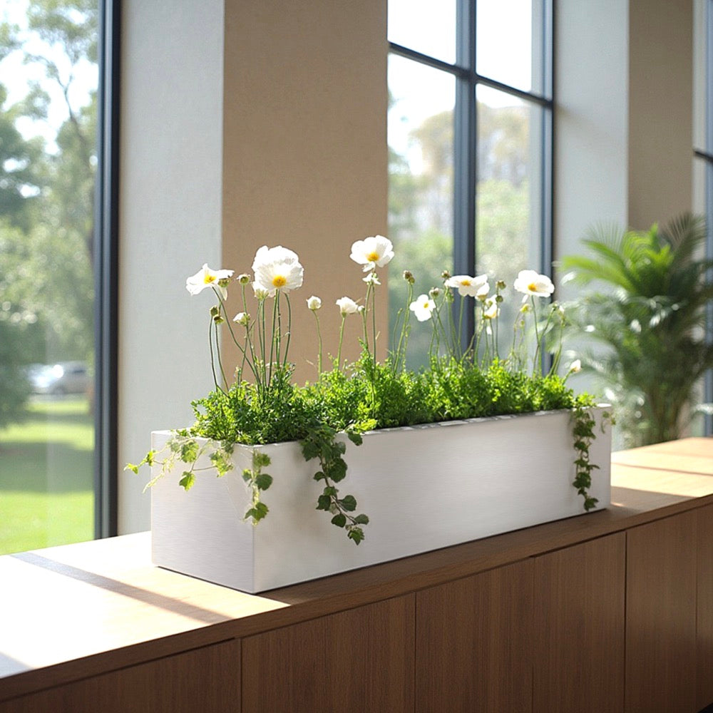 Madeira 36" Long Aluminum Trough Planter - Seamless Modern Minimalist Metal - Indoor / Outdoor, Lined w/ Drainage (36" L x 9" W x 9" Ht.)