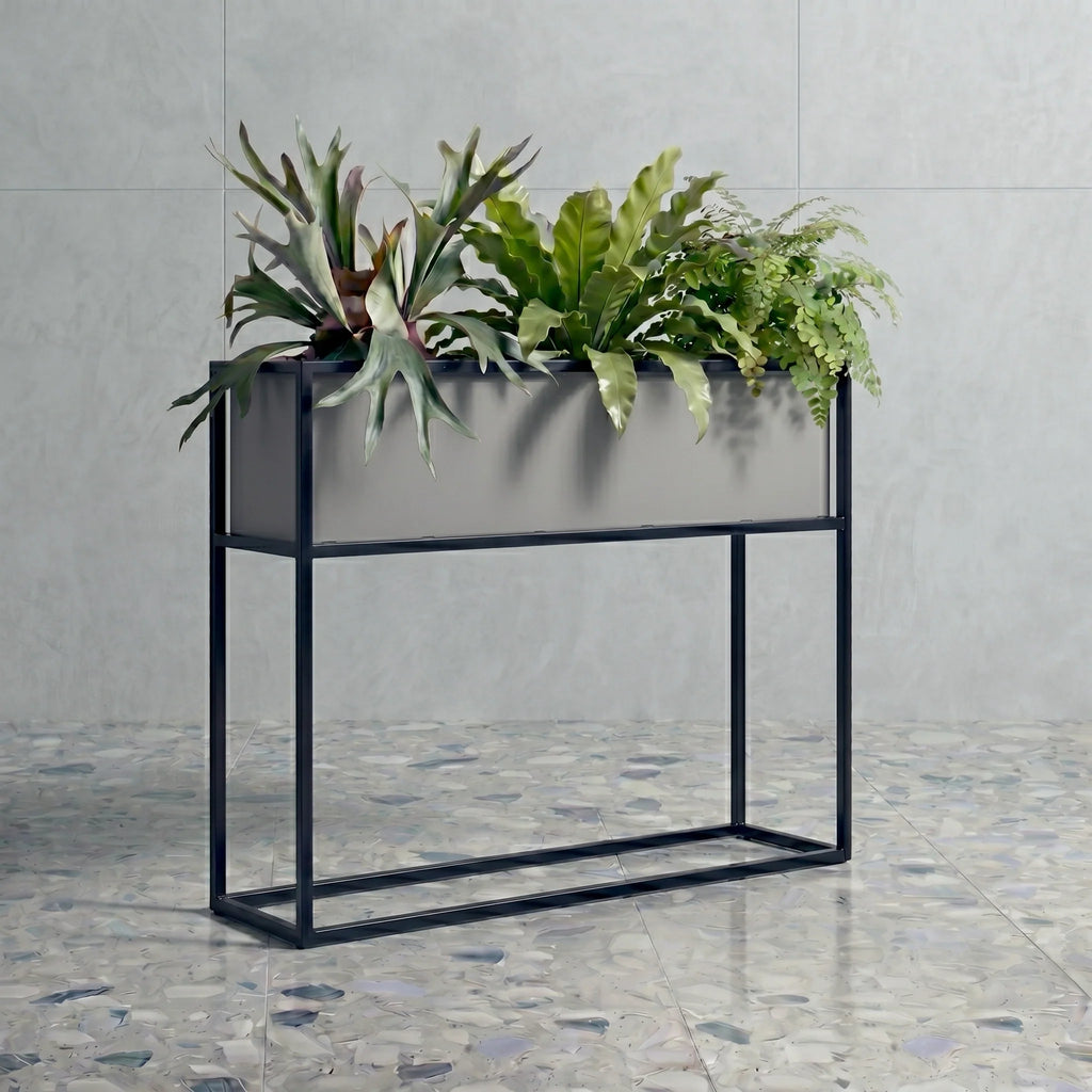 Madeira Barrier Planter, Aluminum (Silver) w/ Iron Stand - Modern Raised Trough, Outdoor / Indoor (37" Long x 10" Wide x 30" Tall)