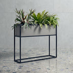 Madeira Barrier Planter, Aluminum (Silver) w/ Iron Stand - Modern Raised Trough, Outdoor / Indoor (37" Long x 10" Wide x 30" Tall)