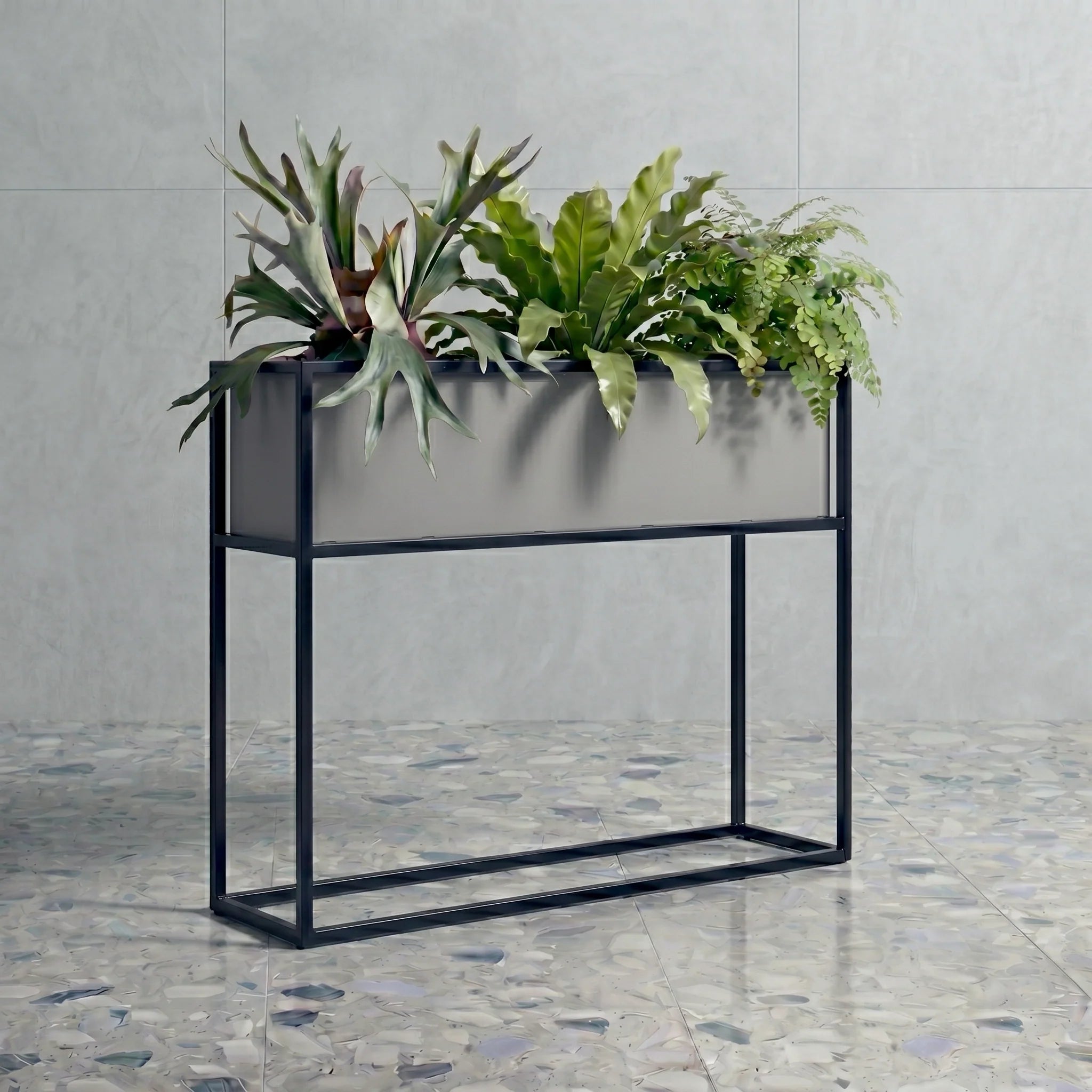Madeira Barrier Planter, Aluminum (Silver) w/ Iron Stand - Modern Raised Trough, Outdoor / Indoor (37" Long x 10" Wide x 30" Tall)