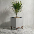Madeira Cube Indoor Planter w/ Wood Base - Modern Seamless Aluminum Metal (Silver), Surface-Safe w/ Fiberglass Lining (16" Pot, 20" Tall w/ Stand)