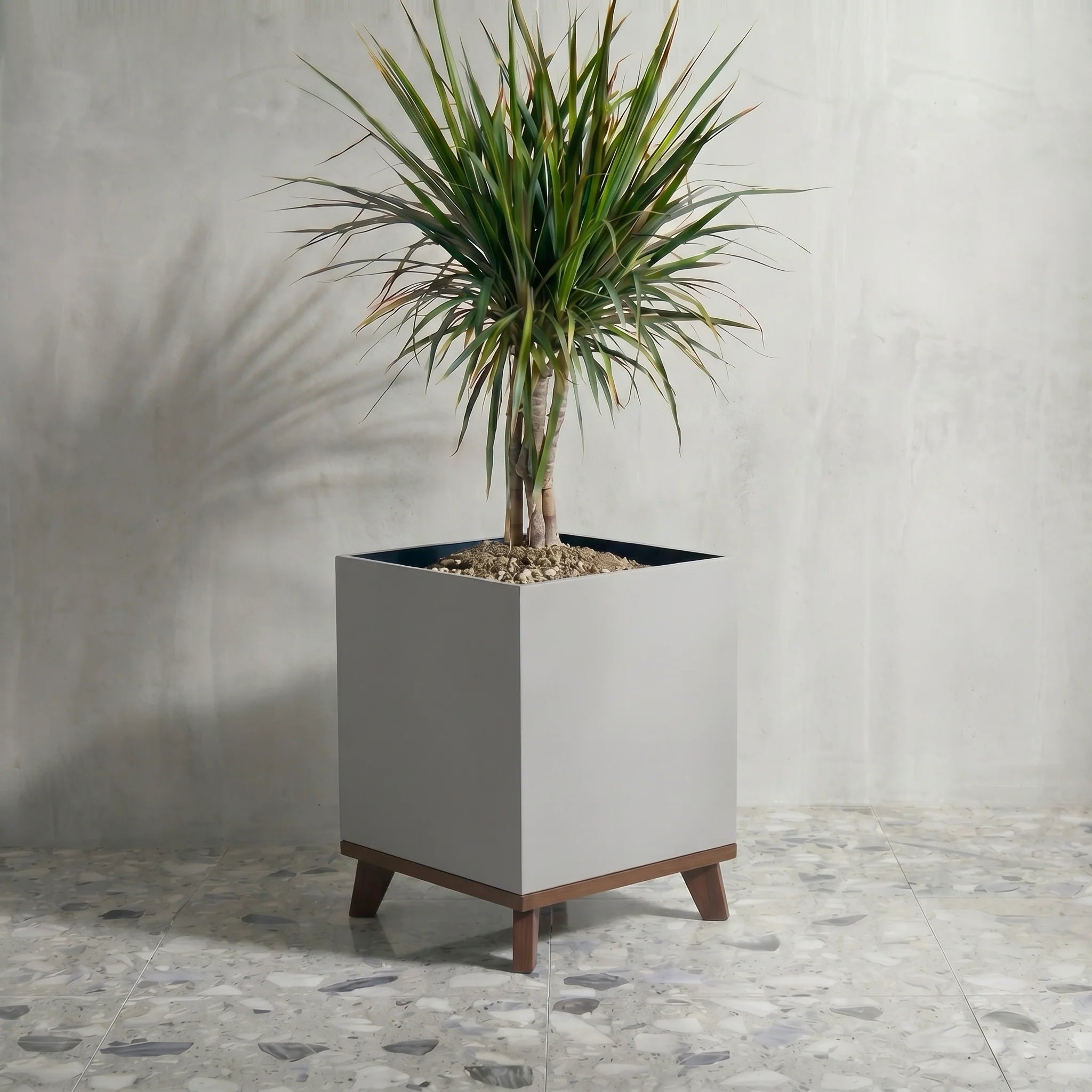 Madeira Cube Indoor Planter w/ Wood Base - Modern Seamless Aluminum Metal (Silver), Surface-Safe w/ Fiberglass Lining (16" Pot, 20" Tall w/ Stand)