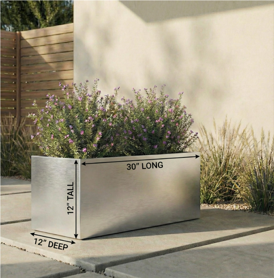 Madeira Aluminum Long Block Planter 30" - Seamless Architectural (Silver) Waterproof Lining - Indoor / Outdoor (30" L x 12" W x 12" Tall)