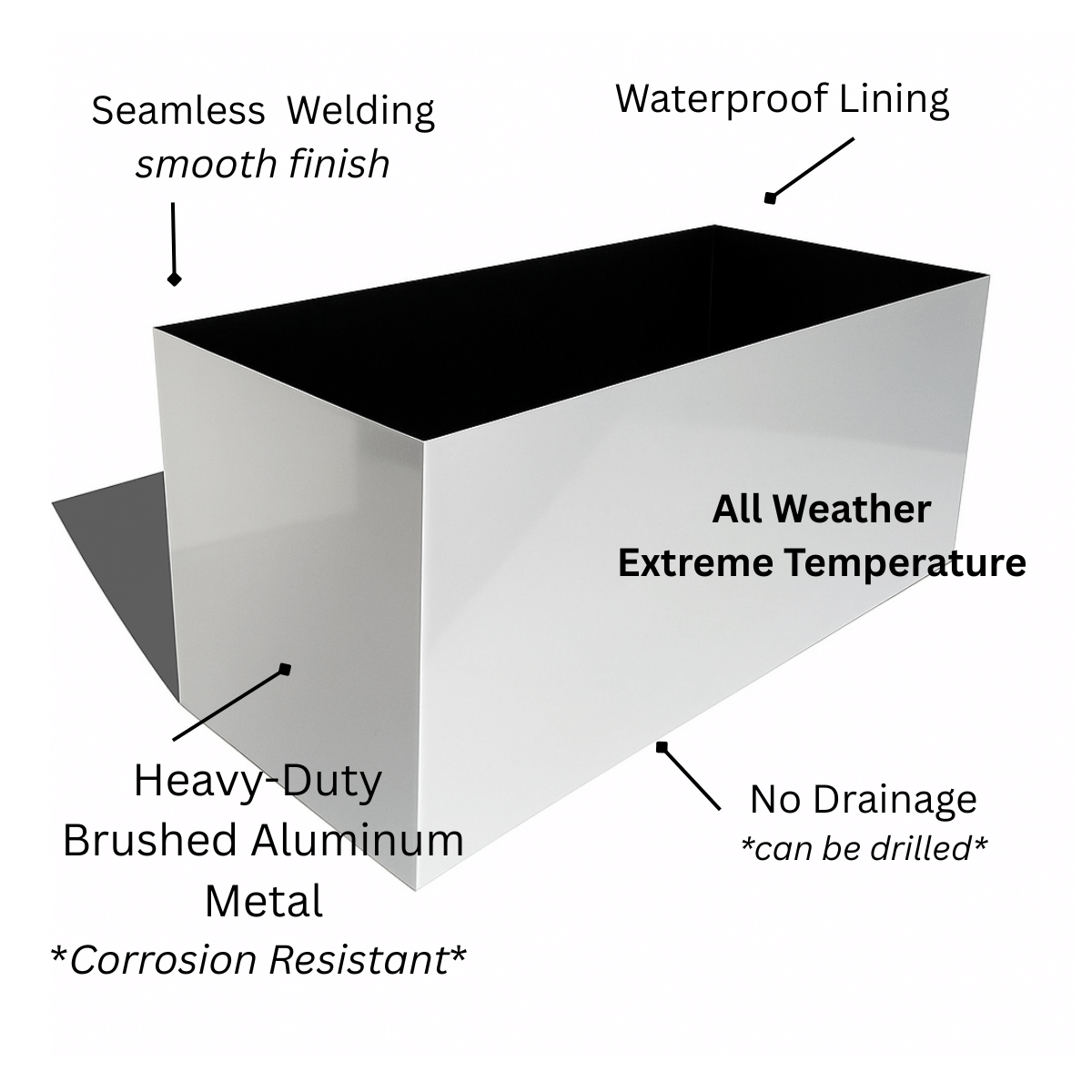Madeira Indoor Aluminum Long Block Planter w/ Wood Base - Modern Architectural Seamless (Silver) MCM Style (30" L x 12" W x 16" Tall w/ Base