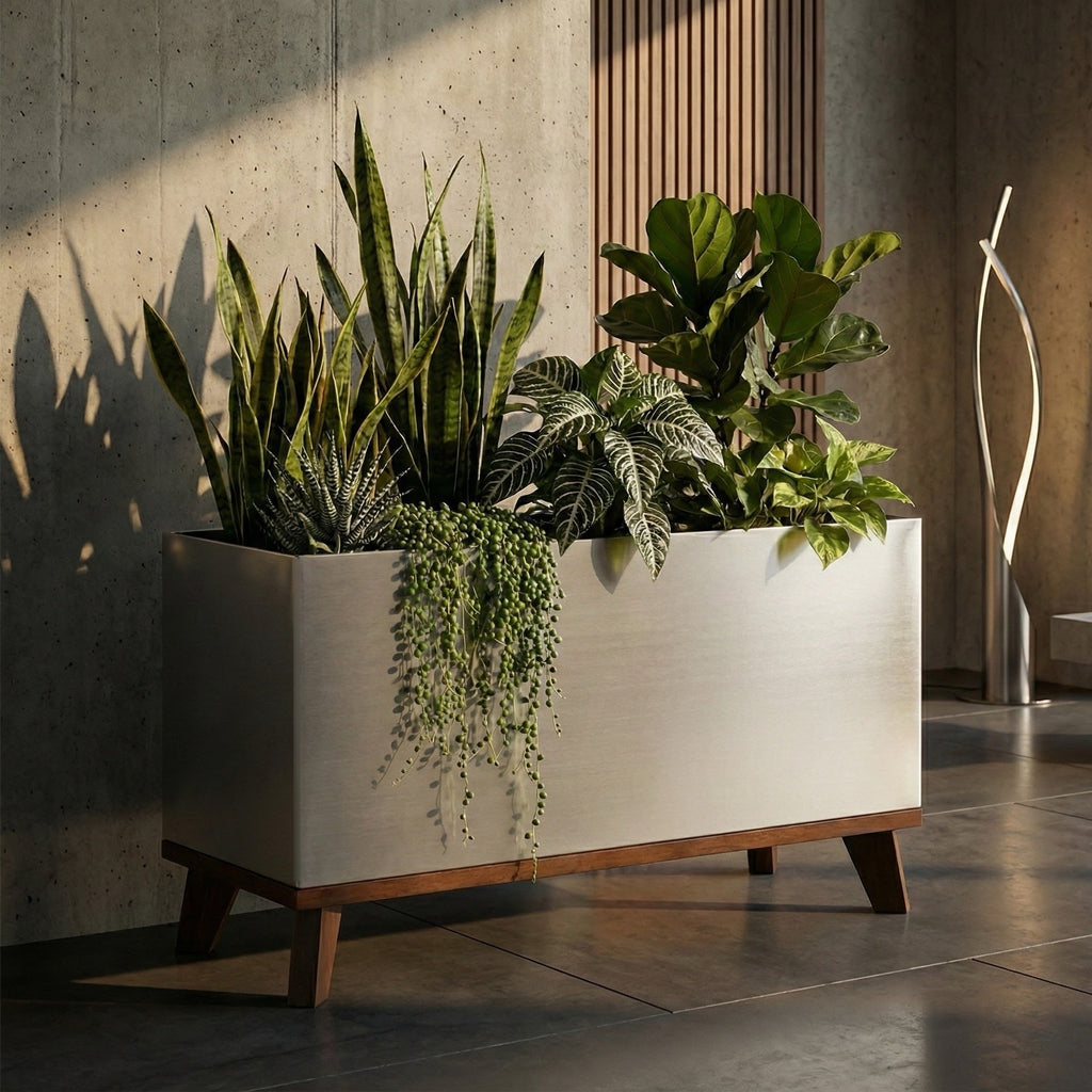 Madeira Indoor Aluminum Long Block Planter w/ Wood Base - Modern Architectural Seamless (Silver) MCM Style (30" L x 12" W x 16" Tall w/ Base