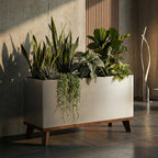 Madeira Indoor Aluminum Long Block Planter w/ Wood Base - Modern Architectural Seamless (Silver) MCM Style (30" L x 12" W x 16" Tall w/ Base
