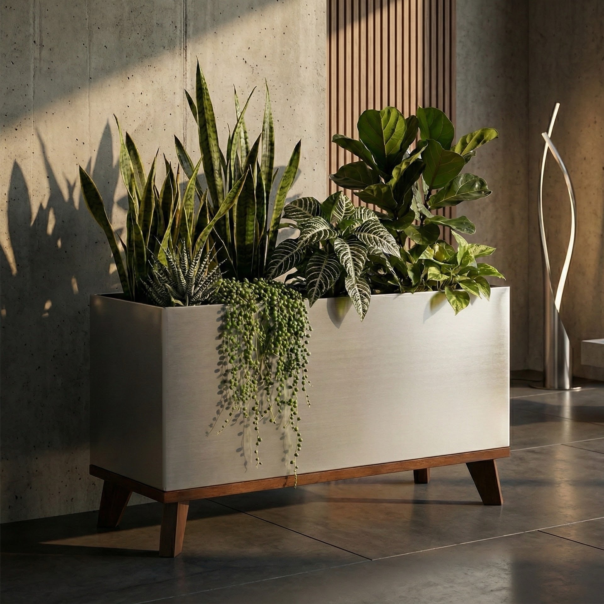 Madeira Indoor Aluminum Long Block Planter w/ Wood Base - Modern Architectural Seamless (Silver) MCM Style (30" L x 12" W x 16" Tall w/ Base