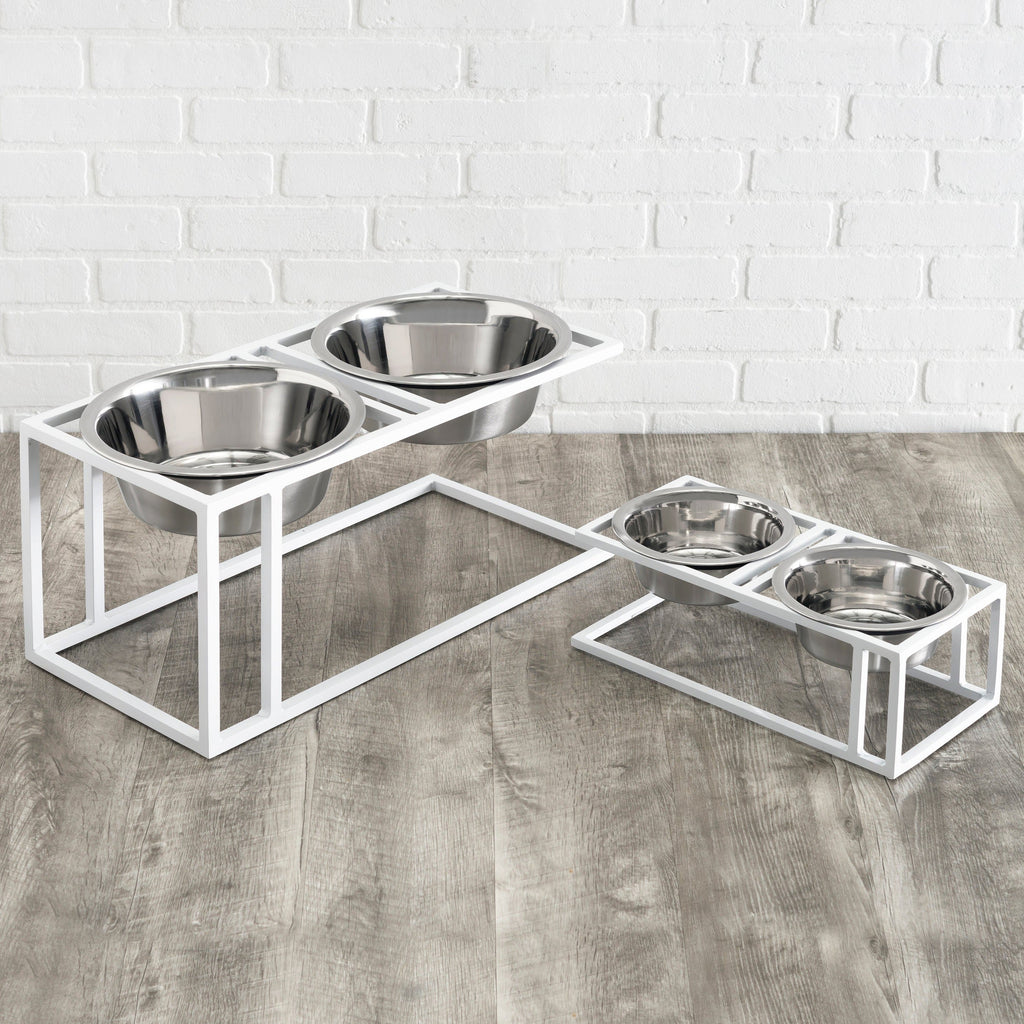 Cityline Double Diner - Outdoor / Indoor Modern Architectural Steel Elevated Dog Bowls w/ Stand (5.5" / 7" / 10" Tall)