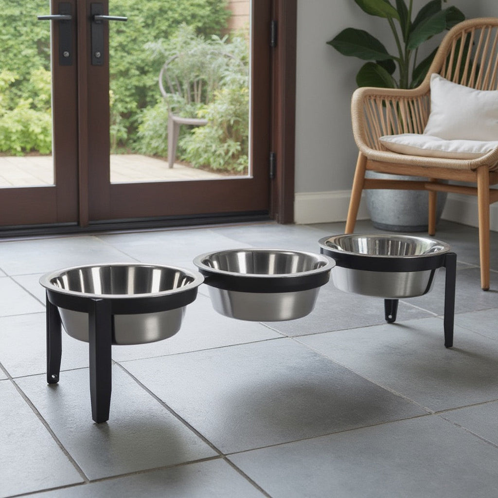 Vision Triple Bowl Diner - Modern Minimalist Iron Elevated 3 Dog Bowl Stand, Outdoor / Indoor (5.5" / 8" Tall)