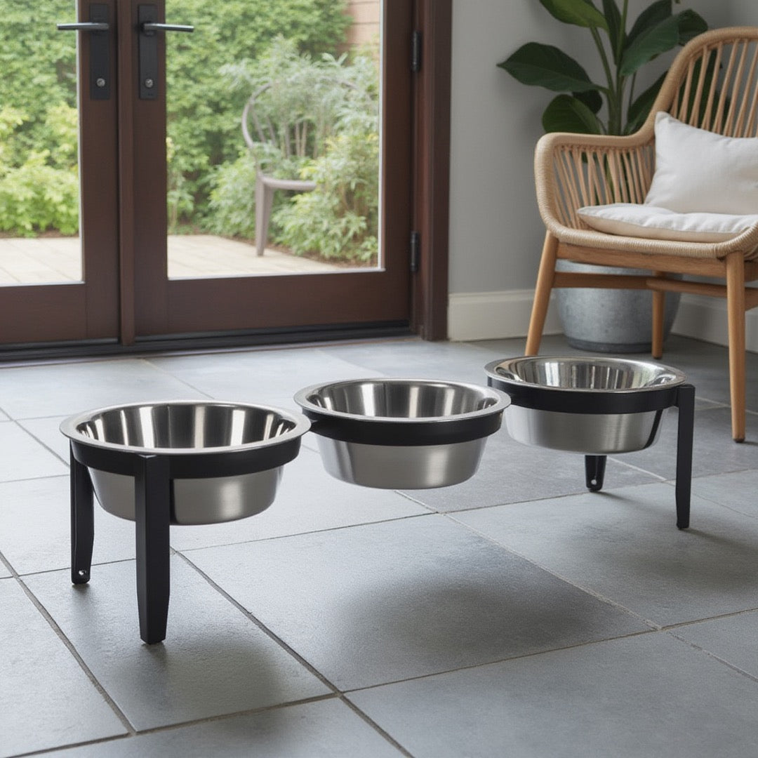 Vision Triple Bowl Diner - Modern Minimalist Iron Elevated 3 Dog Bowl Stand, Outdoor / Indoor (5.5" / 8" Tall)