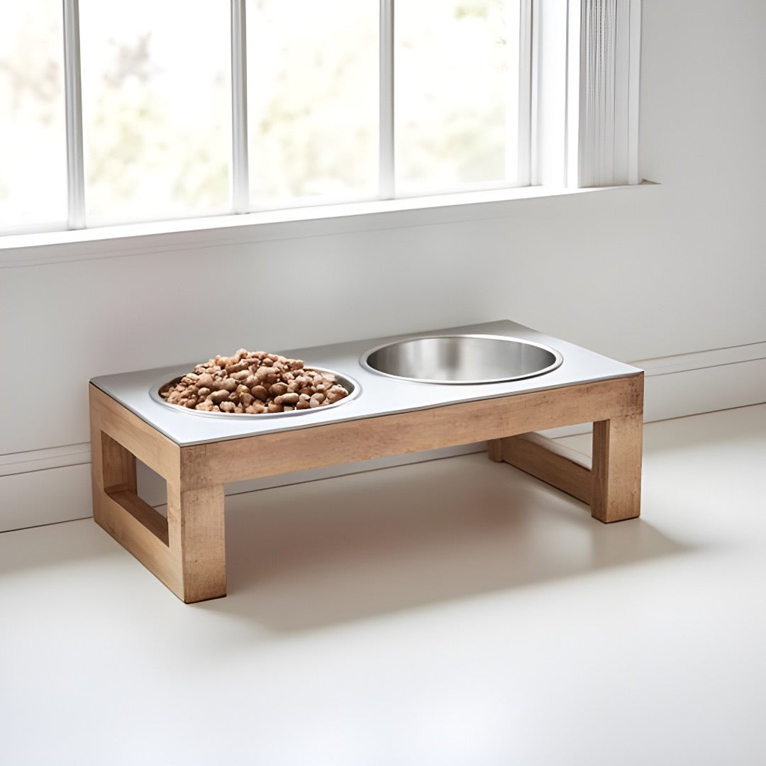 Indus Double Diner - Modern Architectural Hardwood Elevated Dog Bowl Stand (XS Pet 4.5" / 12" Tall)