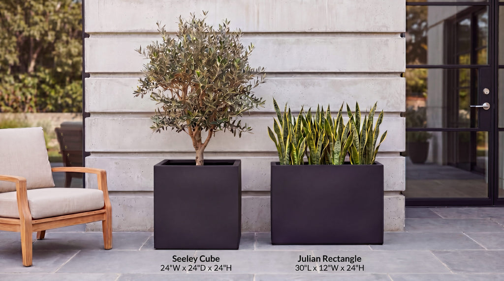 Julian Large Rectangle Planter - Architectural Fiberglass w/ Steel Reinforcement - Long Block w/ Drainage, Indoor / Outdoor (30" L x 12" W x 24" H)