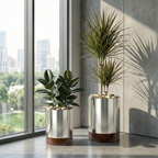 Knox Cylinder Indoor Planter w/ Hardwood Base - Organic Modern Architectural, Stainless Steel (18/8 Heavy Duty), Surface-Safe (15.5" Tall / 22.5" Tall)