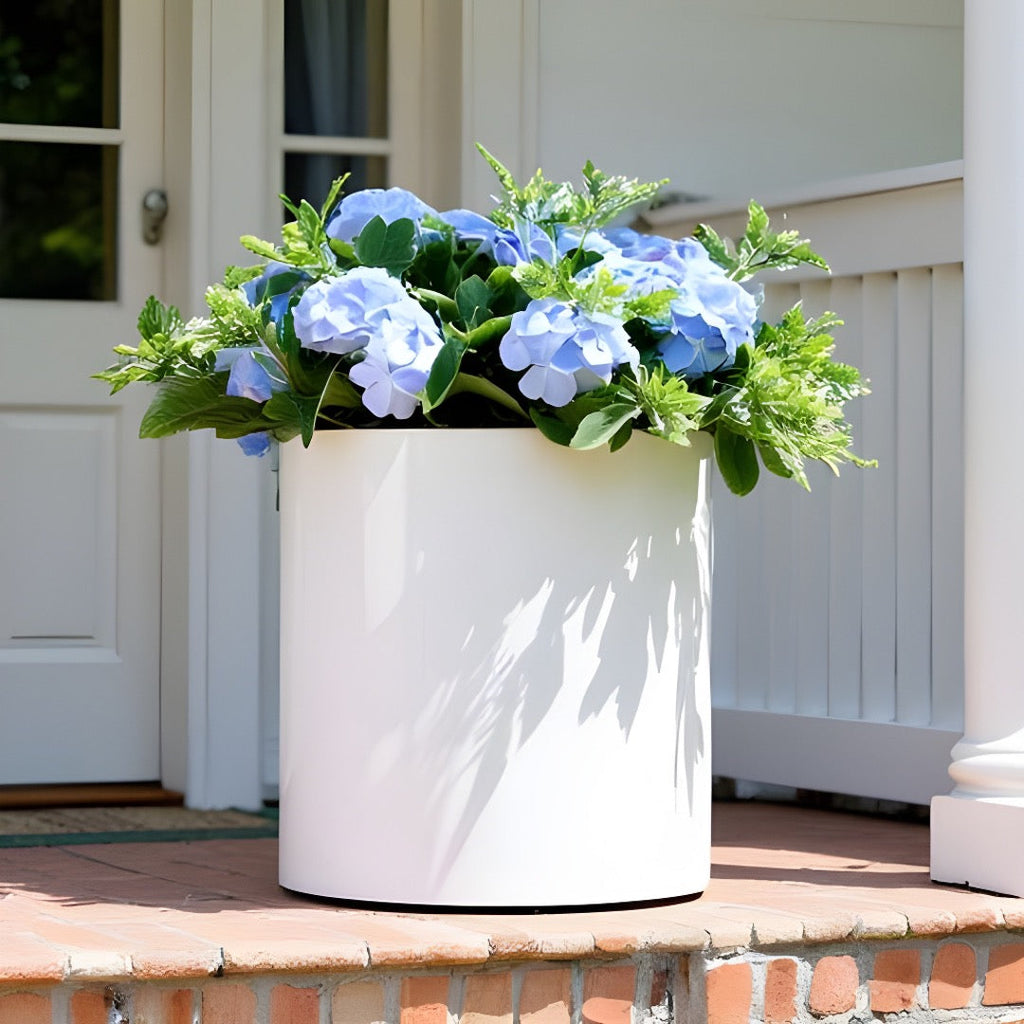 Knox Cylinder White Metal Planter - Modern Minimalist Steel (18/8 Heavy Duty) Surface-Safe, Indoor / Outdoor (12" / 18" Diameter)