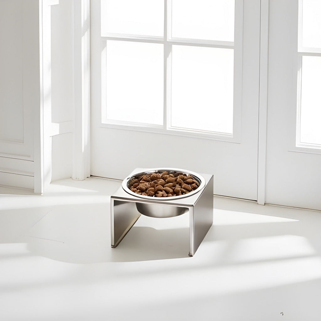 Slate Single Diner - Modern Architectural 304 Stainless Steel Stand w/ Elevated Bowl Food, Water (5" / 9" / 12" Tall)
