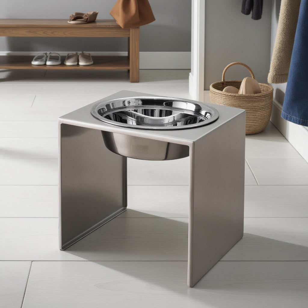 Slate Single Diner - Modern Architectural 304 Stainless Steel Stand w/ Elevated Bowl Food, Water (5" / 9" / 12" Tall)