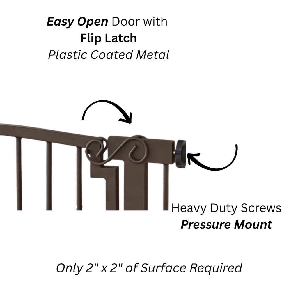 Noblesse Wrought Iron Dog Gate w/ Door (28.5" - 61.5" Extra Wide) Heavy Duty Ornamental Metal, 32" Tall - Indoor Easy Pressure Mounted (No Drill)