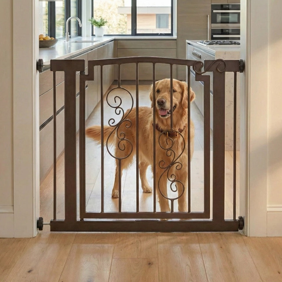 Noblesse Wrought Iron Dog Gate w/ Door (28.5" - 61.5" Extra Wide) Heavy Duty Ornamental Metal, 32" Tall - Indoor Easy Pressure Mounted (No Drill)