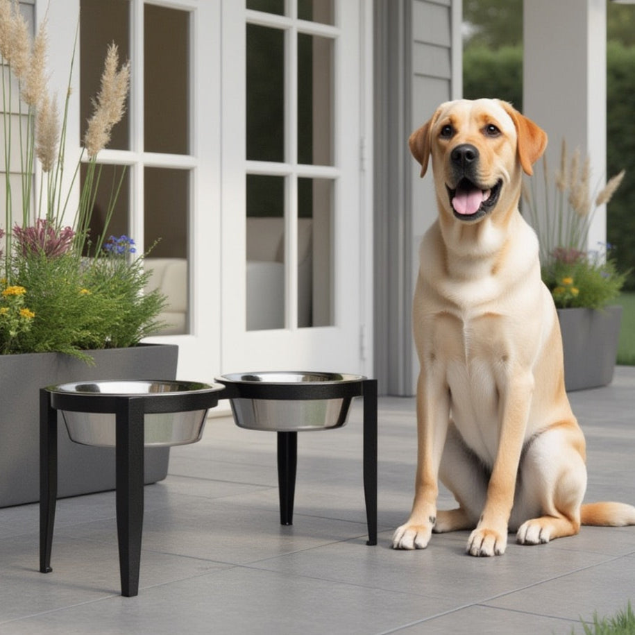 Vision Double Diner - Outdoor / Indoor Modern Angle Iron, Elevated Dog Bowls (5", 7", 10" Tall)