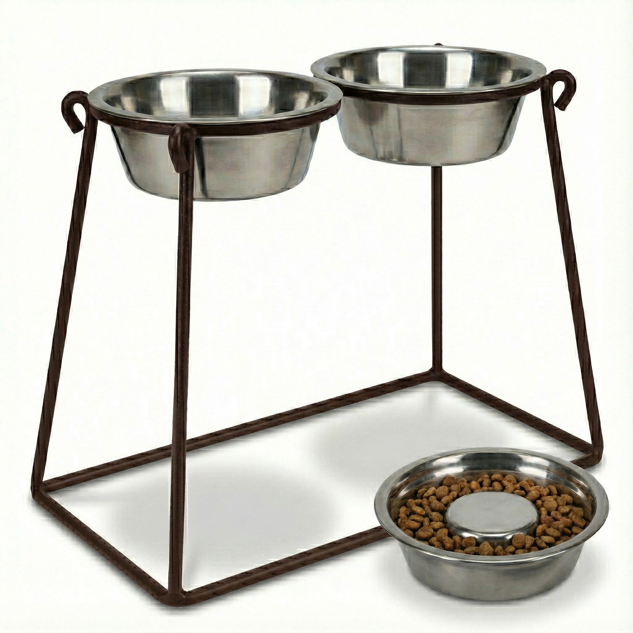 Pyramid XL Double Diner - Minimalist Wrought Iron Stand, Large Breed Elevated Dog Feeding Station (18", 24" Tall)